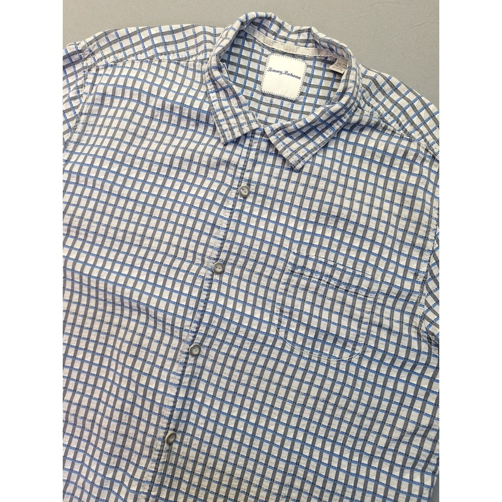Tommy Bahama Men's Size XXL Gray Blue Geometric Check Print Button Up Silk Blend